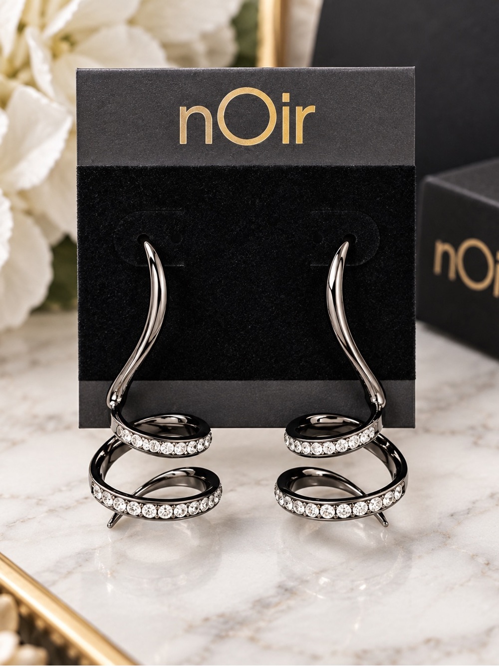 nOir Jewelry Crystal Spiral Double Hoop Drop Earrings Black Silver